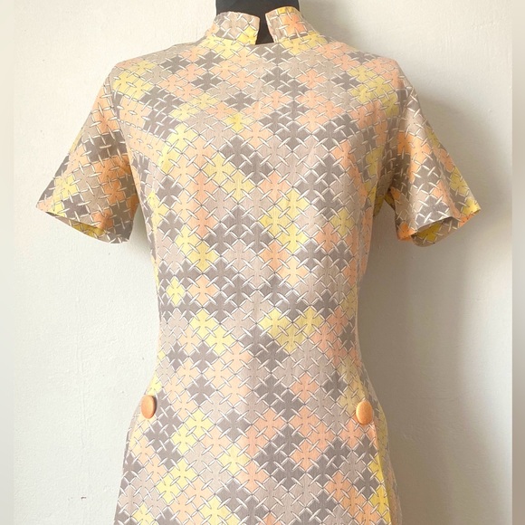 60s Dress Vintage Handmade Geometric Pattern Mod Nehru Mid Century - Picture 2 of 8